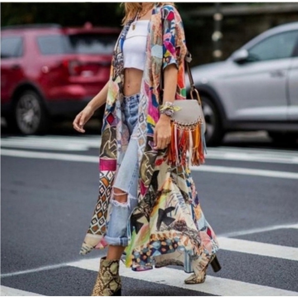 Swahili Duster Kimono Colorful Bold open front ankle length cover up robe tribal